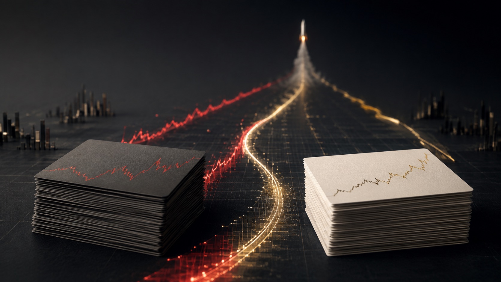 Two contrasting stacks of investment cards with market paths leading toward a rocket
