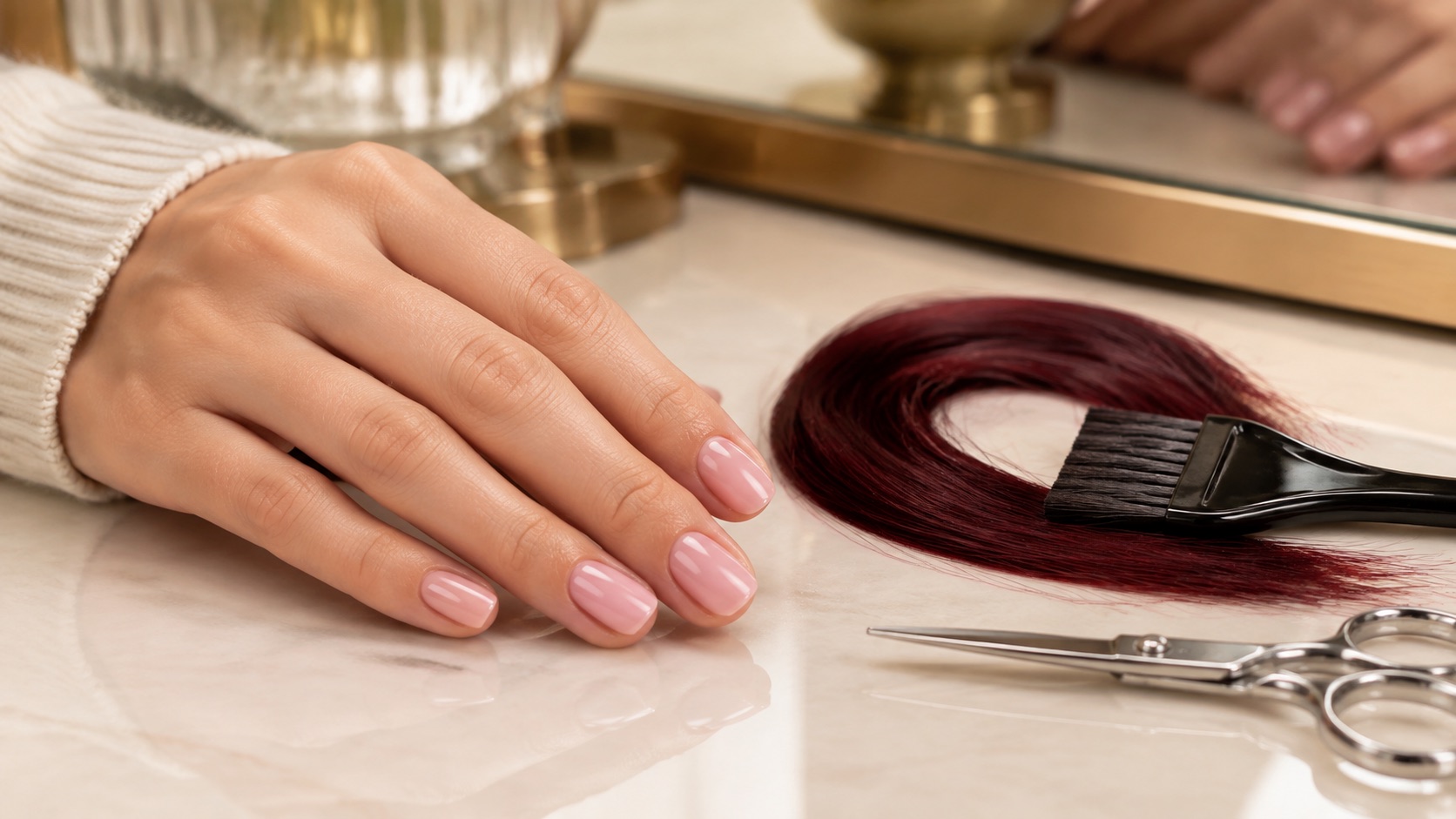 A glossy pale-pink manicure beside a hair-color swatch and salon shears