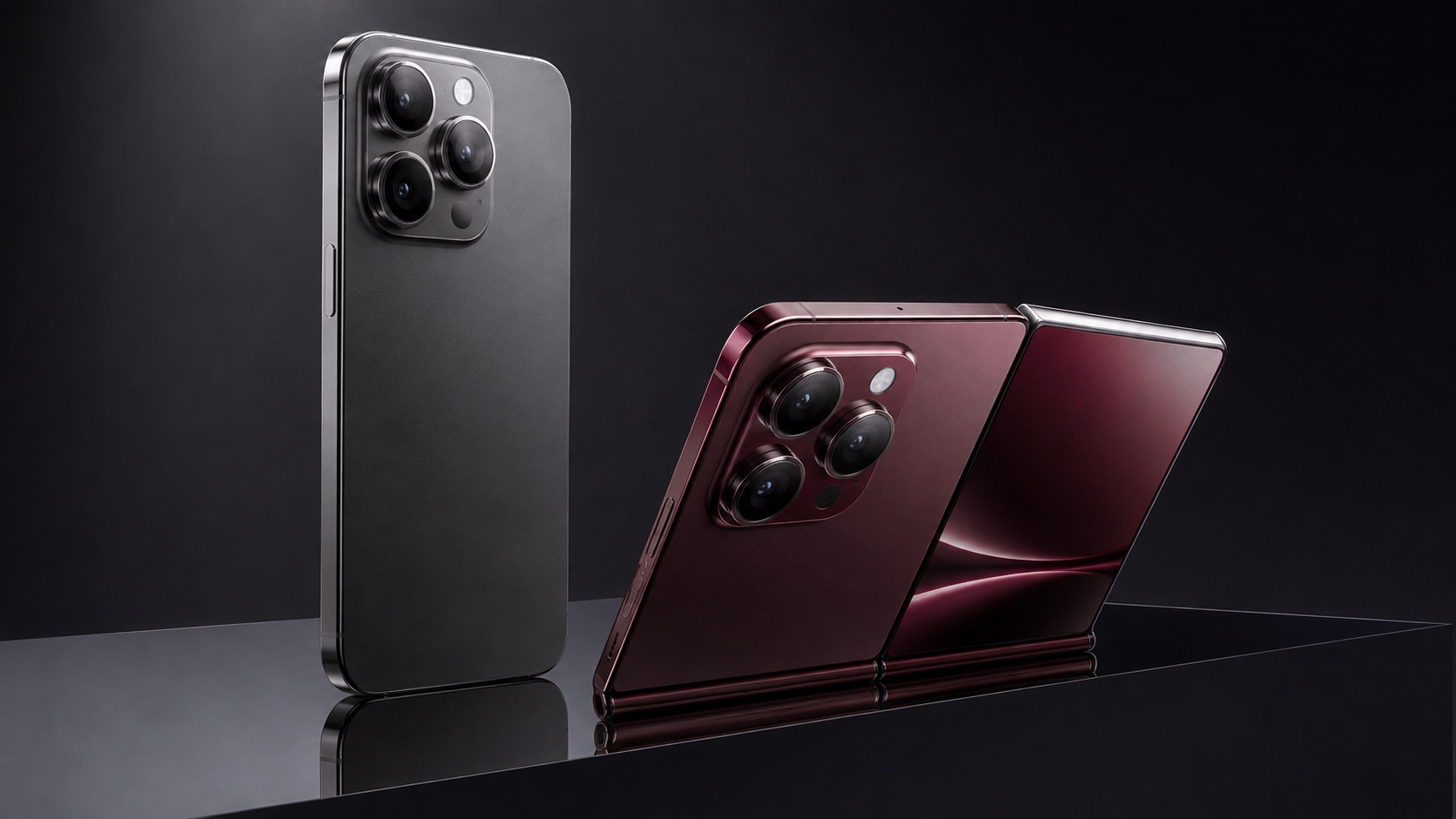 Two unbranded premium smartphones, including a foldable device