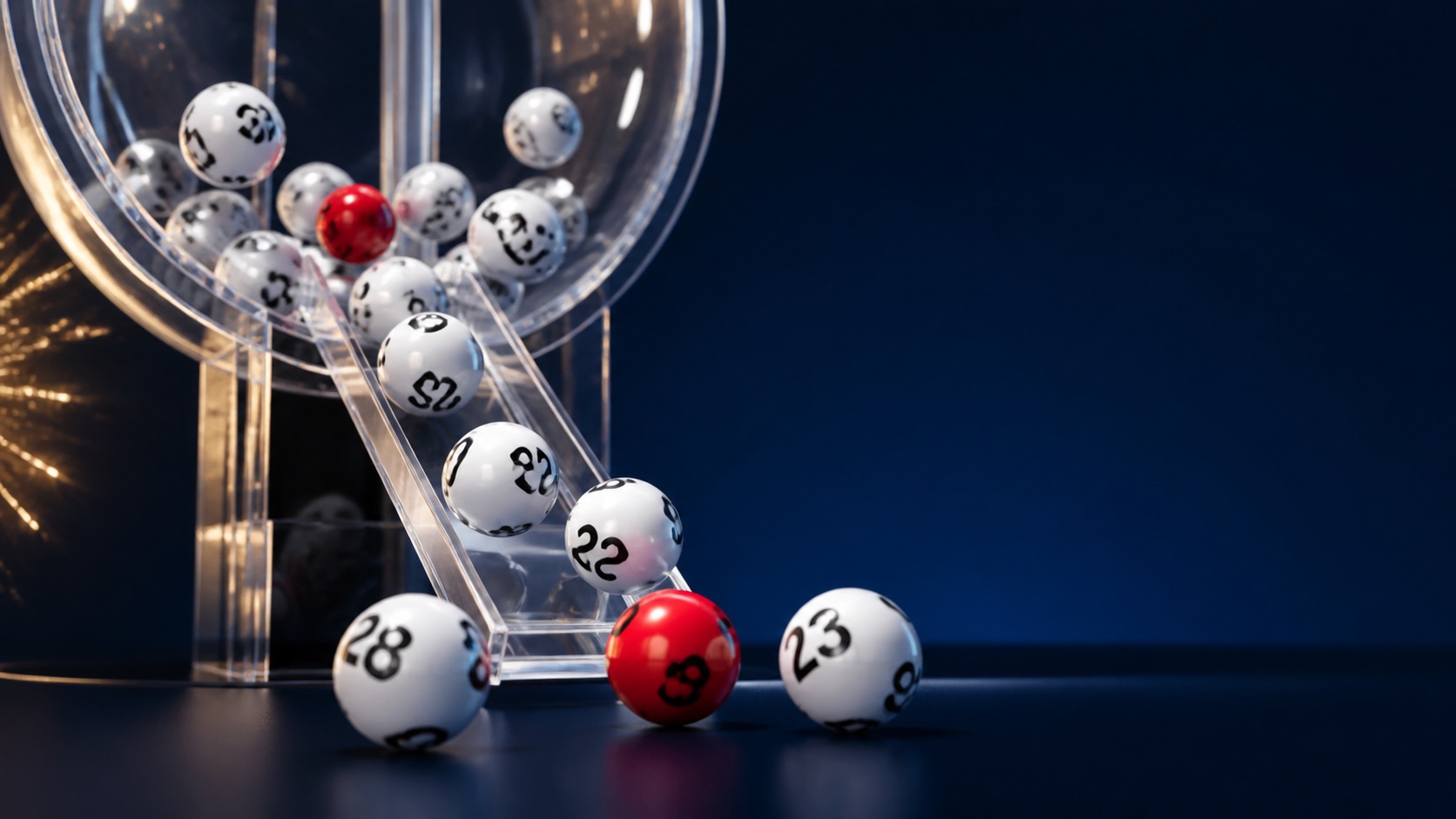 Unbranded lottery balls falling from a transparent draw machine