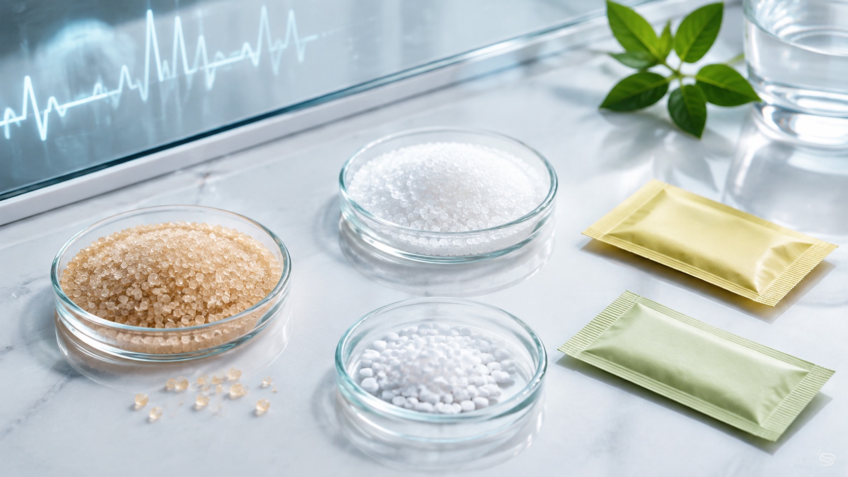Bowls and packets representing sugar, xylitol, sucralose and stevia sweeteners
