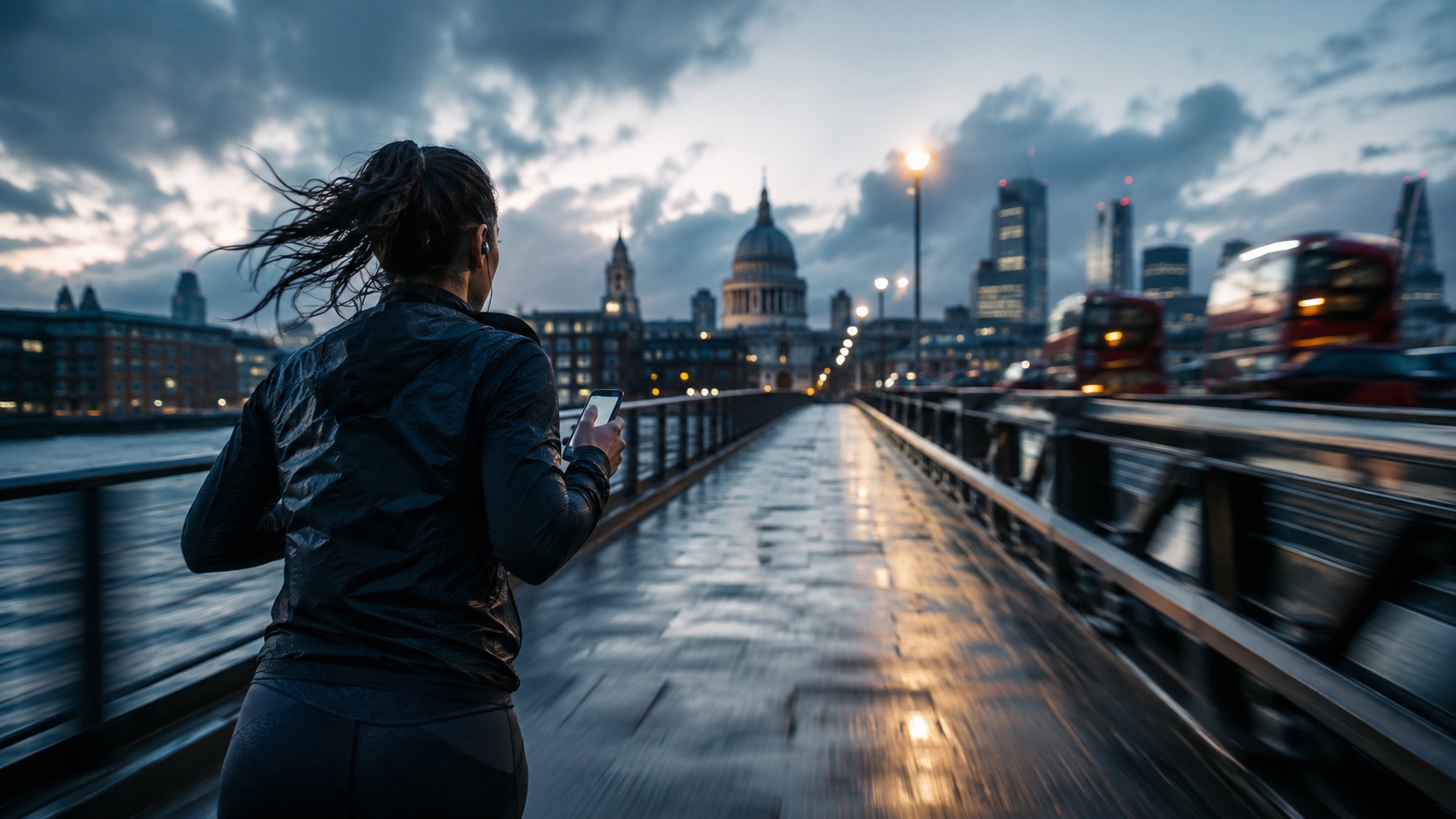 An anonymous runner holding a phone on a rainy bridge in London