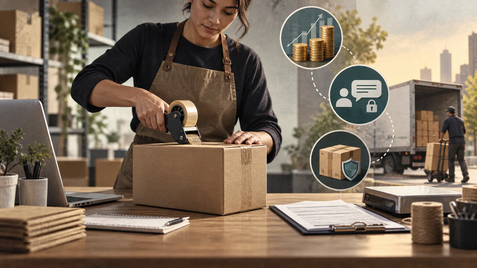 AI-generated editorial illustration representing ups in Business & Industrial