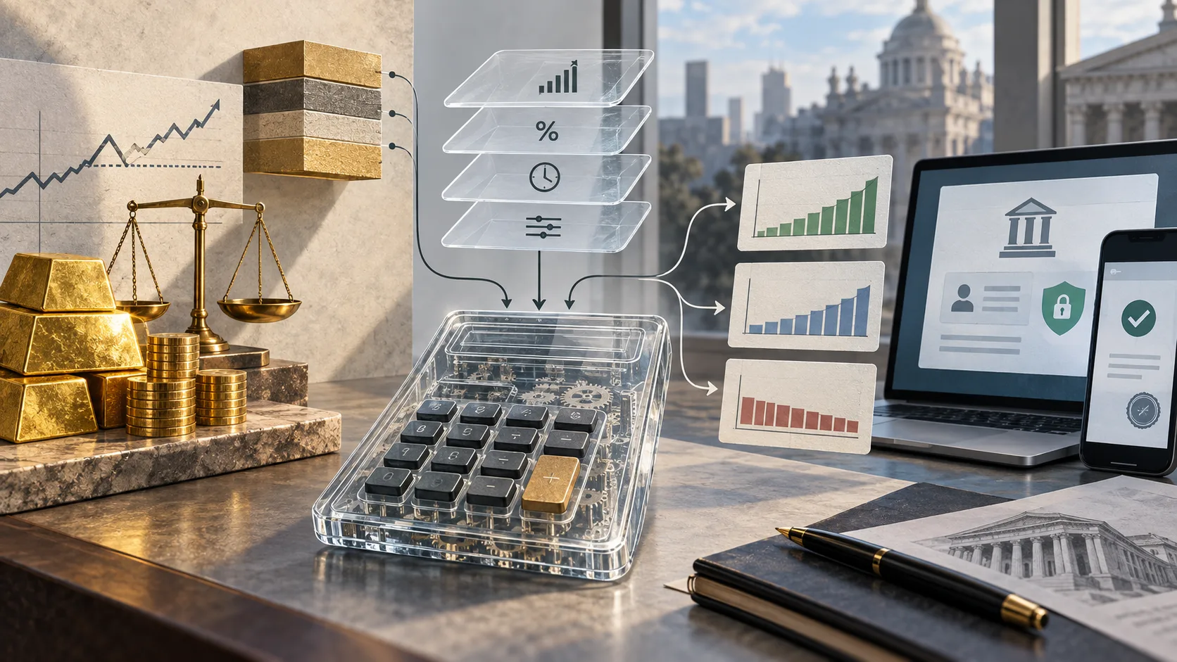 AI-generated editorial illustration representing calculator in Finance