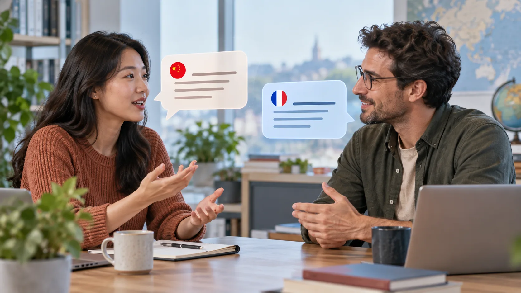 AI-generated editorial illustration about using Google Translate during a multilingual conversation