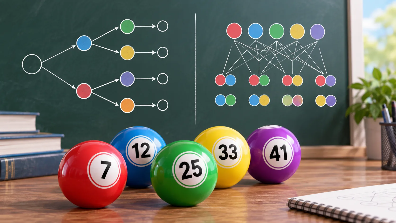 AI-generated scientific editorial illustration about using lottery searches to explain probability